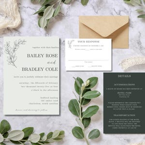 Sage Green Wedding Invitation Suite: Minimalist Leaf Design (Instant Download)