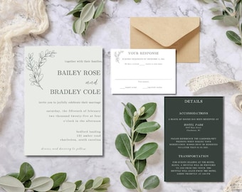 Invitaciones de boda en verde salvia: Diseño minimalista de hojas (descarga instantánea)