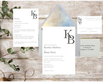 Conjunto de invitación de boda minimalista / Invitación de boda con monograma / Tarjeta de detalles, Tarjeta RSVP, Forro de sobre / Plantilla Canva