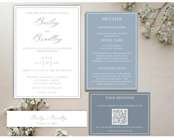 Invitaciones de boda en azul polvoriento: Plantilla minimalista y elegante (descarga digital)