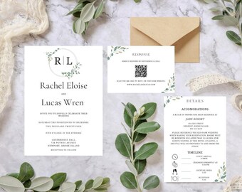 May include: A wedding invitation suite with a green and white floral design. The invitation features the couple's names, "Rachel Eloise and Lucas Wren", and the wedding date and time. The response card includes a QR code and the couple's website. The details card includes information about the wedding venue, accommodations, and timeline.
