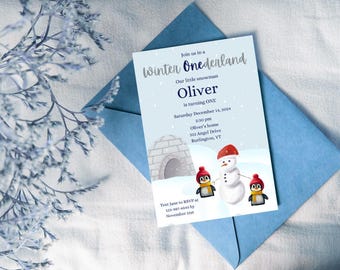 Invitación para el primer cumpleaños de Winter ONEderland / Invitación para fiesta de cumpleaños de Navidad / Plantilla Canva - Descarga instantánea