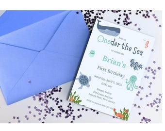 Invitación de cumpleaños de Oneder the Sea: temática oceánica, primer cumpleaños (descarga instantánea)