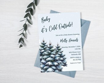 Invitación para baby shower "Hace frío afuera" / Baby Shower de invierno / Plantilla Canva de 5 x 7 - Descarga instantánea