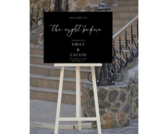 Letrero elegante en blanco y negro para la noche anterior / Letrero para la cena de ensayo / Letrero para bodas / Plantilla Canva - Descarga instantánea