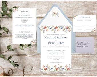 Conjunto de invitación de boda con flores silvestres / Invitación de boda de primavera / Invitación de descarga digital, Tarjeta de detalles, RSVP, Forro de sobre / Plantilla