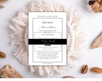 Elegante conjunto de invitaciones en blanco y negro / Paquete de invitaciones de boda minimalistas / Plantillas editables