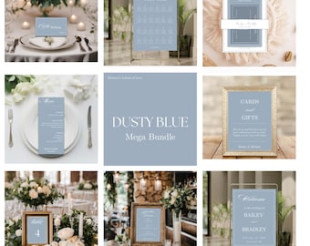 Invitaciones de boda en azul polvoriento: Plantillas minimalistas para recepción (descarga digital)