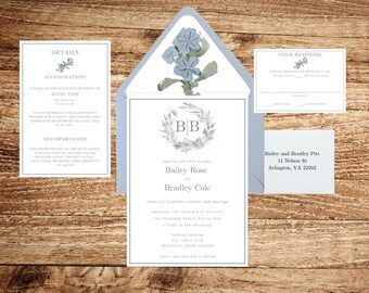 Invitación de boda azul polvoriento: elegante plantilla floral de Canva (descarga instantánea)