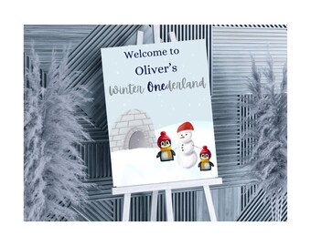 Cartel de bienvenida de Winter ONEderland / Fiesta de primer cumpleaños / Plantilla de Canva - Descarga instantánea