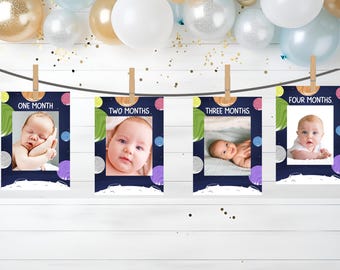 Banner fotográfico mensual del primer viaje alrededor del sol / Banner de hitos del bebé con temática espacial / Primer cumpleaños / Plantilla Canva - Descarga instantánea