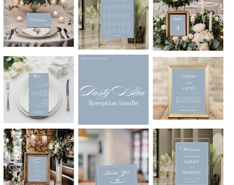 Paquete de recepción de boda en azul polvoriento / Paquete de boda minimalista elegante / Plantillas editables