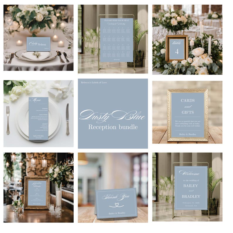 K&ouml;nnte beinhalten: Dusty Blue Hochzeits-Empfangsb&uuml;ndel mit bedruckbaren Schildern mit hellblauem Hintergrund und wei&szlig;em Text. Die Schilder beinhalten ein Willkommens-Schild, einen Sitzplan, eine Speisekarte, ein Dankesschild, ein Schild f&uuml;r Karten und Geschenke sowie ein Tischnummernschild.