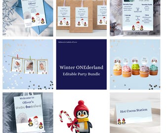 Paquete de fiesta de primer cumpleaños de Winter ONEderland / Juego de invitaciones para fiesta de invierno / Plantilla Canva / Descarga instantánea