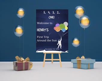 Letrero de bienvenida para primer viaje alrededor del sol / Fiesta de cumpleaños de astronauta / Letrero de bienvenida para primer cumpleaños / Plantilla Canva - Descarga instantánea