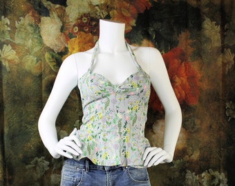 Camiseta sin mangas con cuello halter floral, camiseta sin mangas de estilo vintage, camiseta con cuello halter para mujer, camiseta con cuello halter Peplum