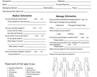 Formulario de admisión de clientes de masajes para la documentación comercial de terapia de masajes. Formulario de admisión de terapia de masajes.