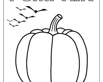Può includere: Disegno a tratto nero e bianco di una zucca con la parola "PUMPKIN" sopra. Diversi pipistrelli volano nell'angolo in alto a sinistra. Questa immagine è adatta per la colorazione.