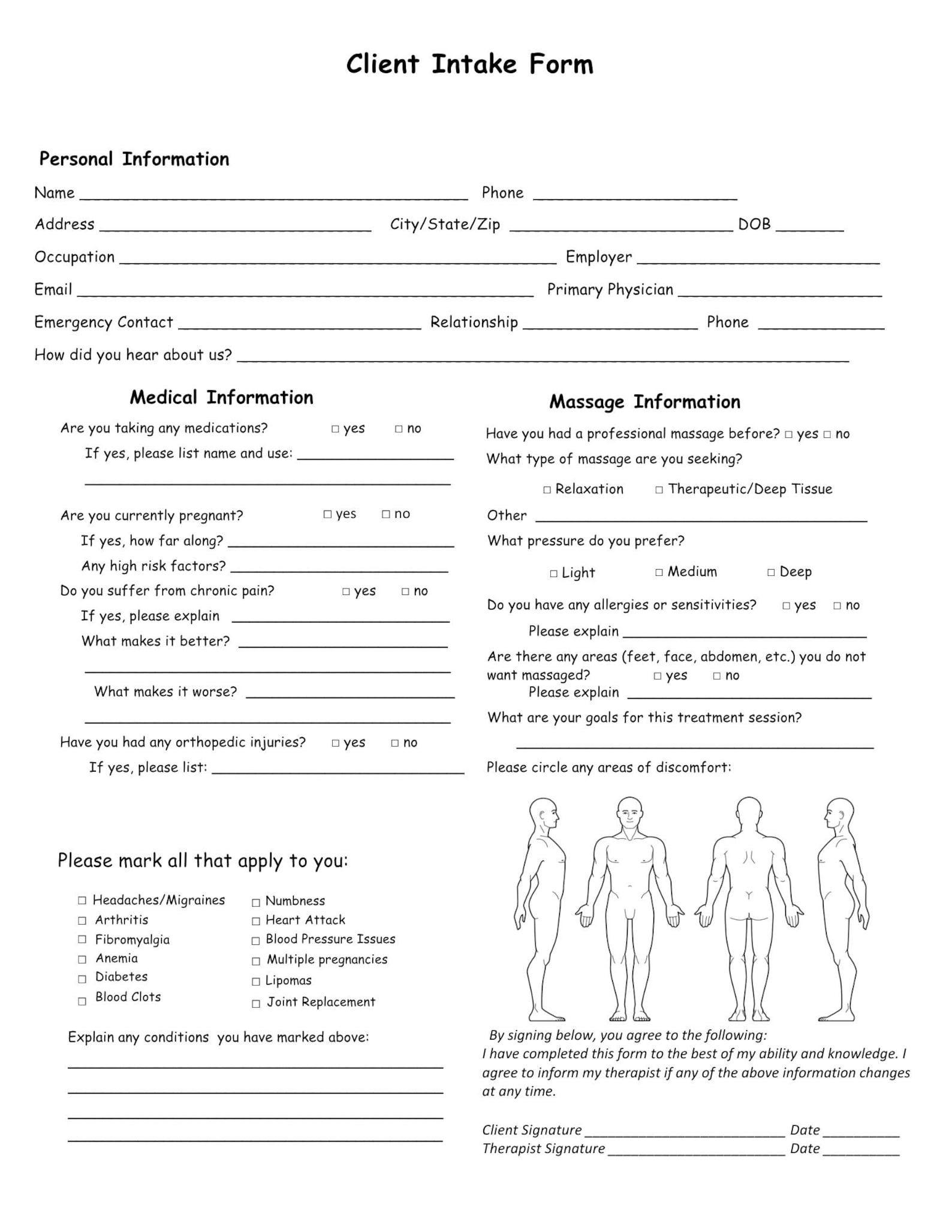 Massage Client Intake Form for Massage Therapy Business Documents for ...