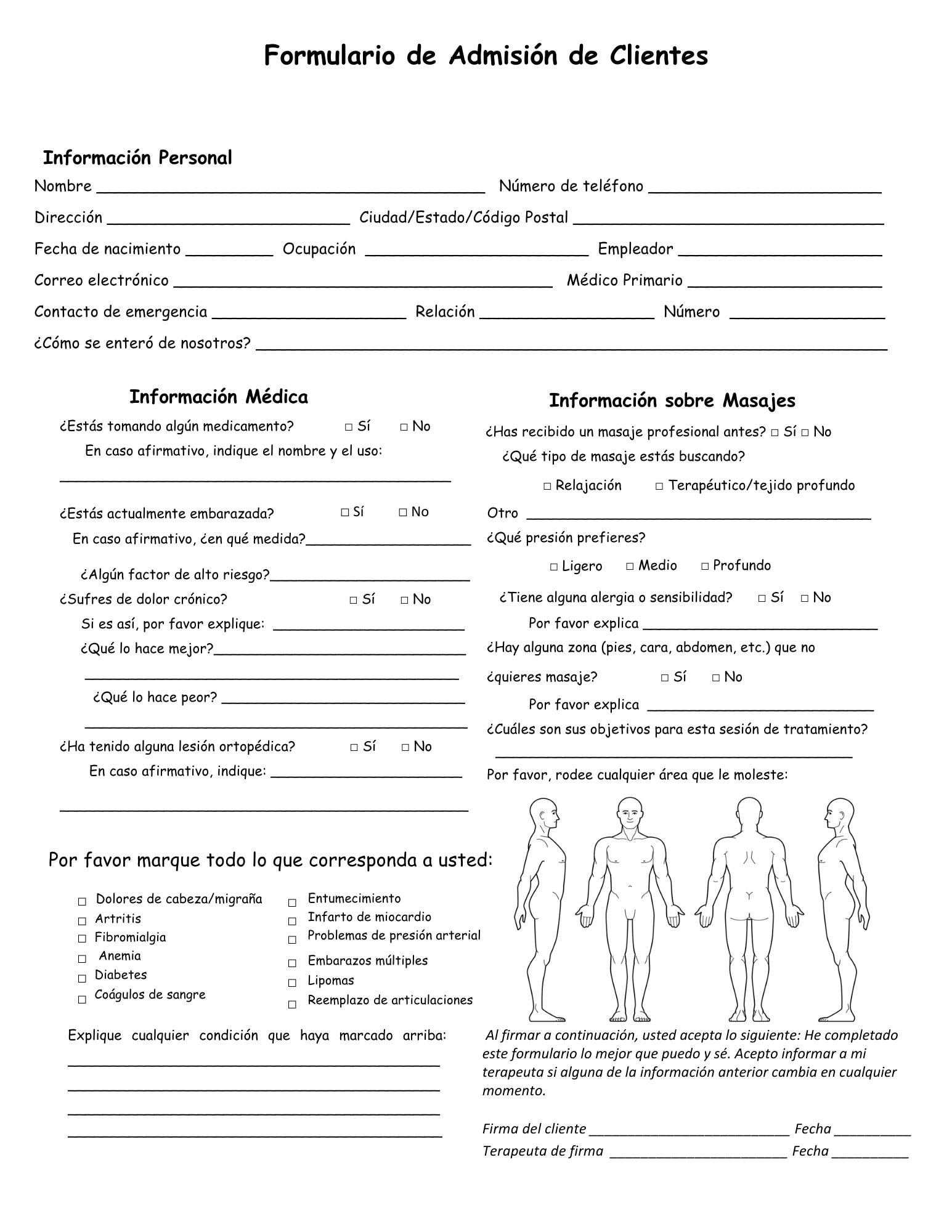 Formulario De Admisión Para Masajes En Español Documentos De Masajes