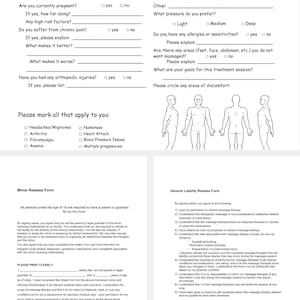 May include: A medical and massage intake form with sections for personal information, medical history, and massage preferences. The form includes a diagram of the human body for marking areas of discomfort.
