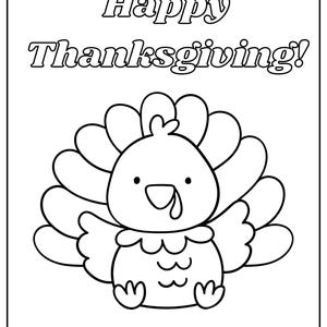 Könnte beinhalten: Schwarz-weiße Strichzeichnung eines Cartoon-Truthahns mit einem großen Federfächer. Der Text "Happy Thanksgiving!" steht in fetter Schrift über dem Truthahn. Der Truthahn hat einen kleinen Schnabel und einen Wamm.