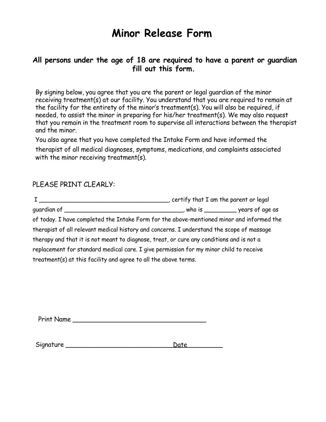 Minor Release Computer Minor Release Form for Massage Therapist Business Documents - Etsy