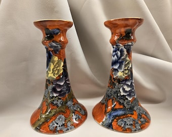 A Pair of Antique S. Hancock & Sons, Stoke-on-Trent England Hand-painted Opaque China Art Deco Coronaware "Corea" Candle Holders