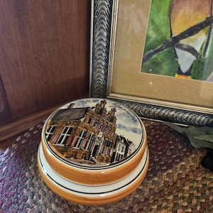 Vintage Hand Painted Polychrome Ceramic Round Lidded Trinket Box