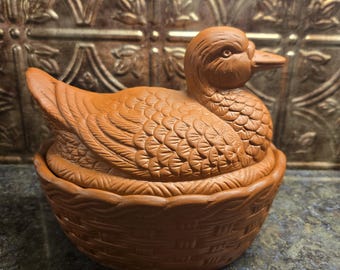 Vintage Terra Cotta Duck on Nest Lidded Dish