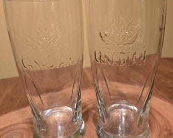 Vintage Molson Canadian Pilsner Glasses (Set of 2), 16oz Embossed Maple Leaf Beer Barware