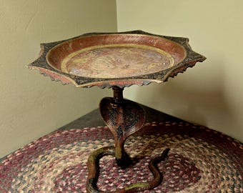 Vintage Brass Indian Decorated Tazzas, Trinket Tray, Incense Holder on a Coiled Cobra Base