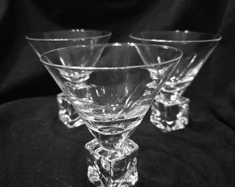 Set of 3 Vintage Martini Cocktail Glasses with Melting Ice Cube Stem