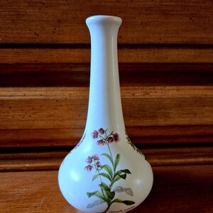 Könnte beinhalten: Eine weiße Keramikvase mit schmalem Hals und bauchigem Boden. Die Vase ist mit einer botanischen Illustration von lila Blumen, grünen Blättern und dem Text "Chimaphila umbellata" verziert. Die Vase ist etwa 20 cm hoch.
