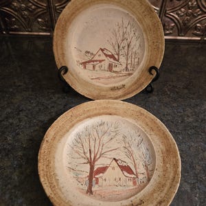 Pair of Vintage Signed Hubert Du Roscoat Studio Art Pottery Wall Plates Circa 1970&#39;s