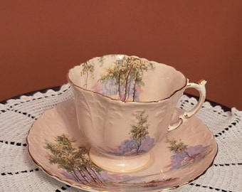 Vintage Aynsley Bone China Tea Cup and Saucer with English Woodlands Bluebell Time Scene