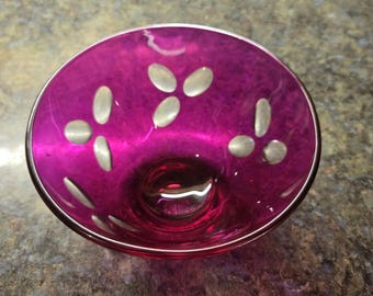 Vintage Deep Pink Cut to Clear Crystal Bowl made in Italy by Le Stelle Cristal Design