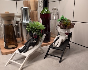 Unique Cute Wine Lovers Succulent Planter Pot Gift with optional Drip Tray, happy Laid-Back Figure on Recliner Holding Wine Glass
