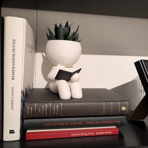 May include: A white ceramic figurine of a person sitting with a book in their lap. The figurine is holding a small green succulent plant in a pot on their head. The figurine is sitting on a stack of three books with black covers and gold lettering. The books are on a black shelf.