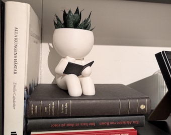 Reading Book Lover Garden Gift , Quirky Cute Plant Pot, Unique Desk Succulent Planter Flower Pot with Drainage, Fun Mindfulness Teacher Gift