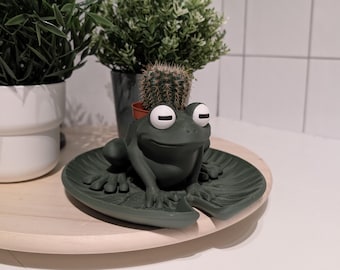 Unique Frog Planter Desk Buddy – Happy Rain Frog Figurine – Green Smiling Frog Desk Decoration for Home or Office – Cute Toad Planter Gift