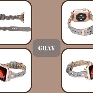 May include: A gray braided leather band for an Apple Watch with a rose gold buckle. The band is shown in three different positions, including on a wrist.