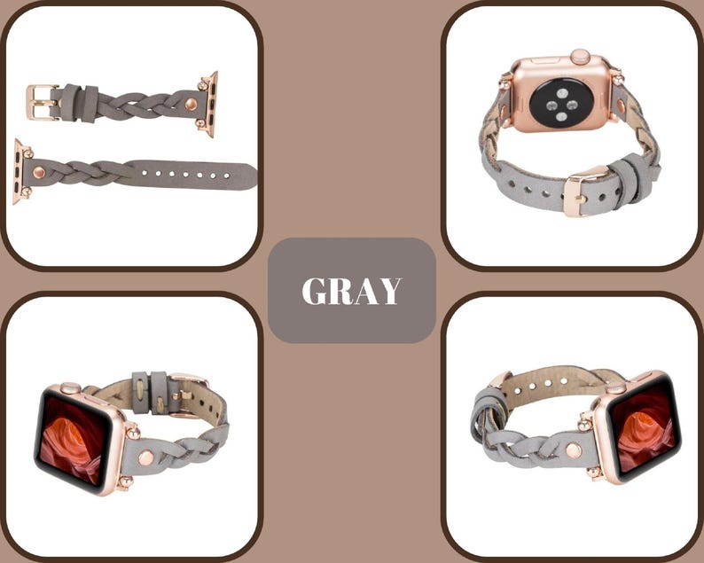 May include: A gray braided leather band for an Apple Watch with a rose gold buckle. The band is shown in three different positions, including on a wrist.