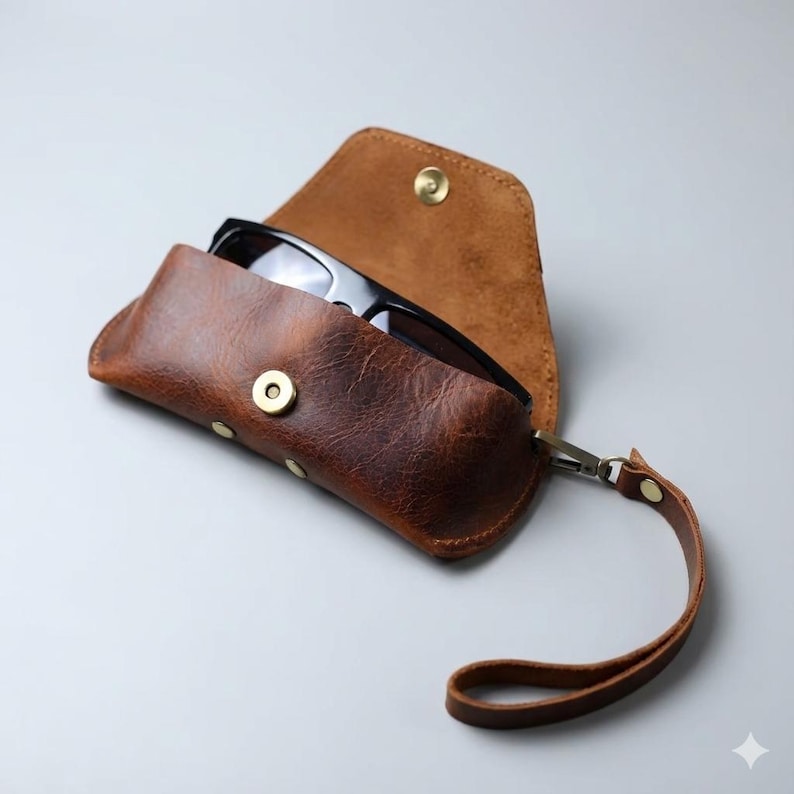May include: A brown leather sunglasses case with a snap closure and a wrist strap. The case is open, revealing a pair of black sunglasses. The leather has a distressed appearance, and the hardware is gold-colored.