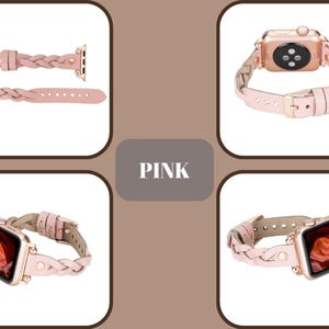 May include: A pink braided leather watch band with a gold buckle and a rose gold Apple Watch. The band is shown in three different positions on the watch.