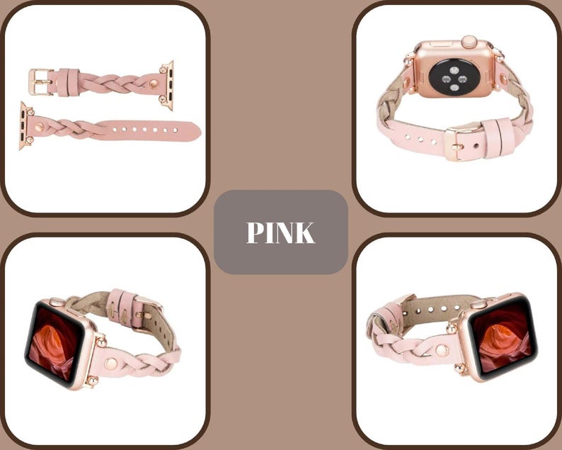 May include: A pink braided leather watch band with a gold buckle and a rose gold Apple Watch. The band is shown in three different positions on the watch.