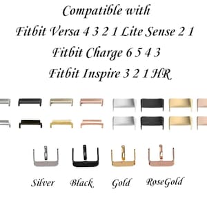 May include: A set of watch band clasps in silver, black, gold, and rose gold. The clasps are compatible with Fitbit Versa 4, 3, 2, 1, Lite, Sense 2, 1, Charge 6, 5, 4, 3, and Inspire 3, 2, 1 HR.