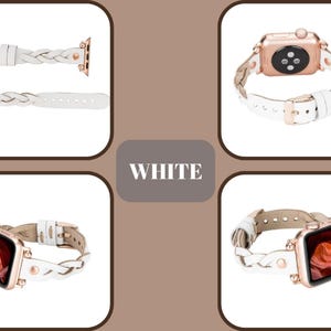 May include: White braided leather Apple Watch band with rose gold hardware. The band is shown on a white background.