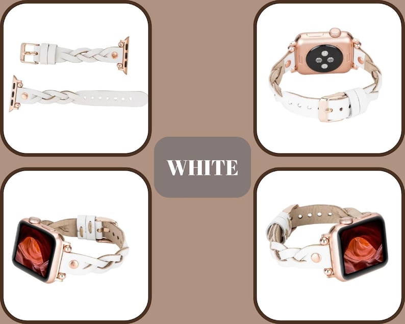 May include: White braided leather Apple Watch band with rose gold hardware. The band is shown on a white background.