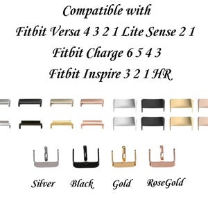 May include: A set of watch band clasps in silver, black, gold, and rose gold. The clasps are compatible with Fitbit Versa 4, 3, 2, 1, Lite, Sense 2, 1, Charge 6, 5, 4, 3, and Inspire 3, 2, 1 HR.